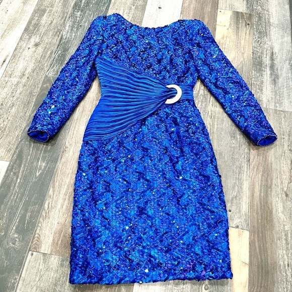 Vintage 80s George F. Couture Esther Wolf Blue Evening Gown Pleated Dress Sz 6 - Picture 1 of 9